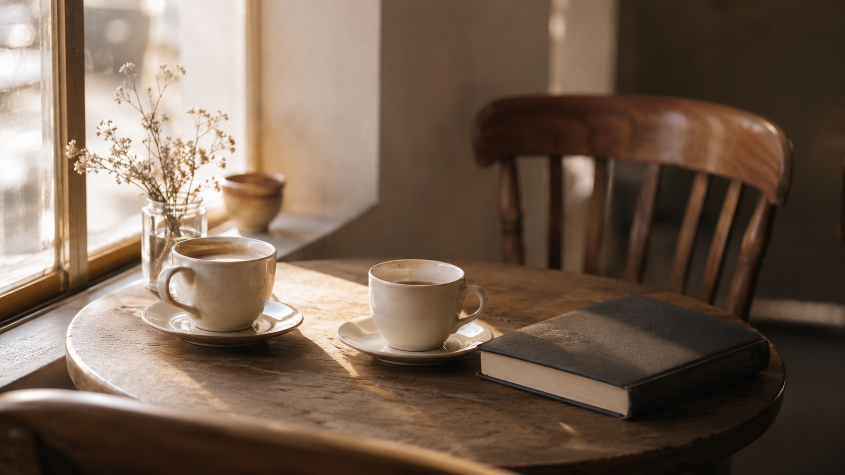 Dos cafés, un libro cerrado y una silla vacía junto a una ventana