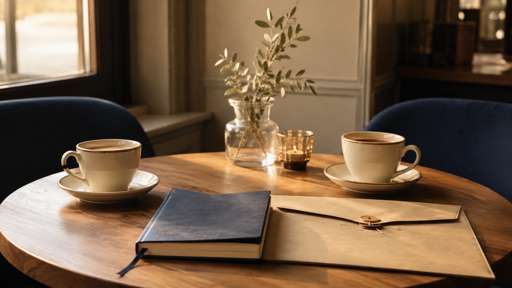Dos cafés sobre una mesa, un libro cerrado y una carpeta discreta junto a una ventana